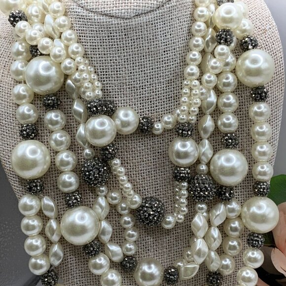 Julies B Multi Strands Faux Pearls Black Hematite Rhinestone Rondelles Necklace - Picture 4 of 8